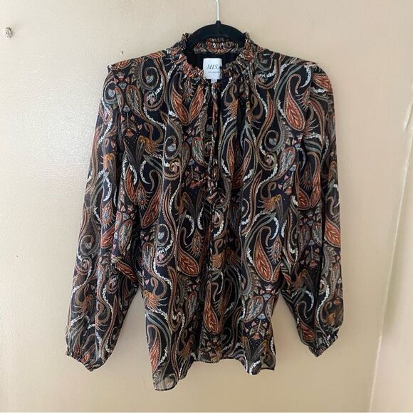 Misa Los Angeles Helena print Black Brown Puff sheer peasant Blouse NWT XXS - Picture 9 of 11